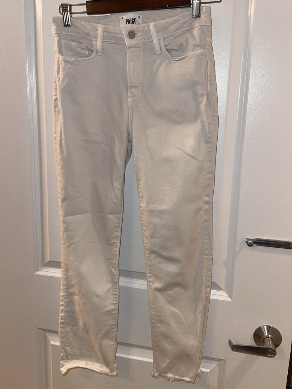 PAIGE White Ivory Skinny Ankle Jeans Raw Frayed Hem Stretch Denim